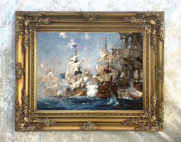 Fine Gilt Framed Oleograph of the Battle of Trafalgar 1805 aft. Charles Edward Dixon