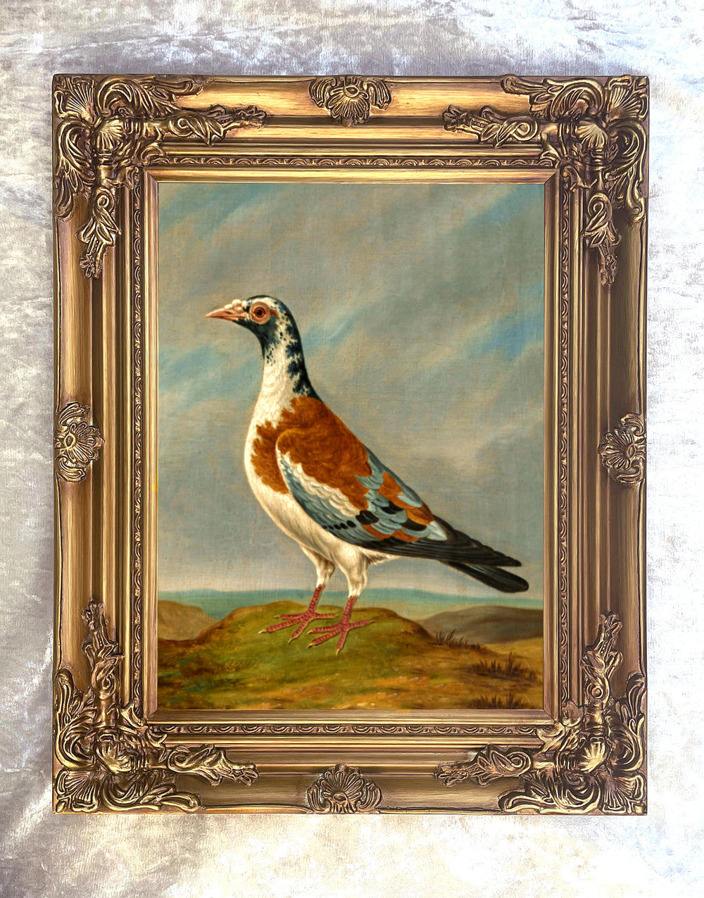 Gilt Framed Oleograph of a "Trooper Pigeon" in a Rural Landscape