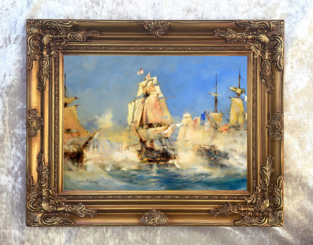 Fine Gilt Framed Oleograph of HMS Victory at Trafalgar