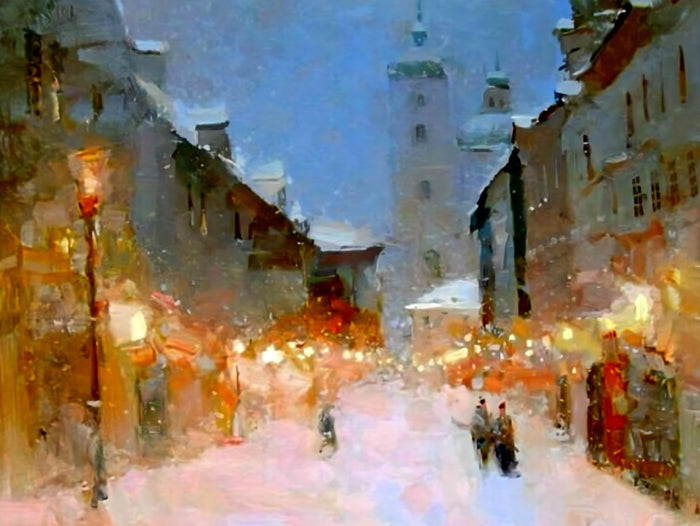 Stunning Oleograph on Canvas of a Festive Wintry Street Scene