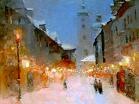 Stunning Oleograph on Canvas of a Festive Wintry Street Scene