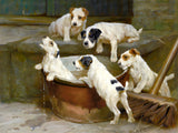 Fine Oleograph on Canvas - Jack Russell puppies - Bath Time