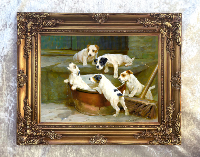 Fine Oleograph on Canvas - Jack Russell puppies - Bath Time