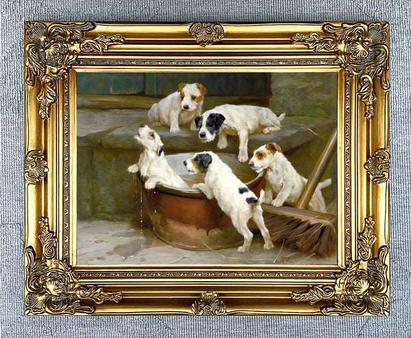 Fine Oleograph on Canvas - Jack Russell puppies - Bath Time