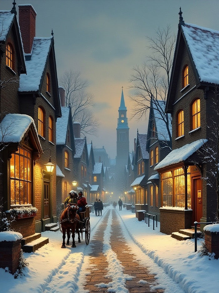 Elegant Lithograph on Canvas of a  Victorian Twilight Winters Street Scene