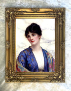 Large Gilt Framed Oleograph Portrait of a Woman in Blue