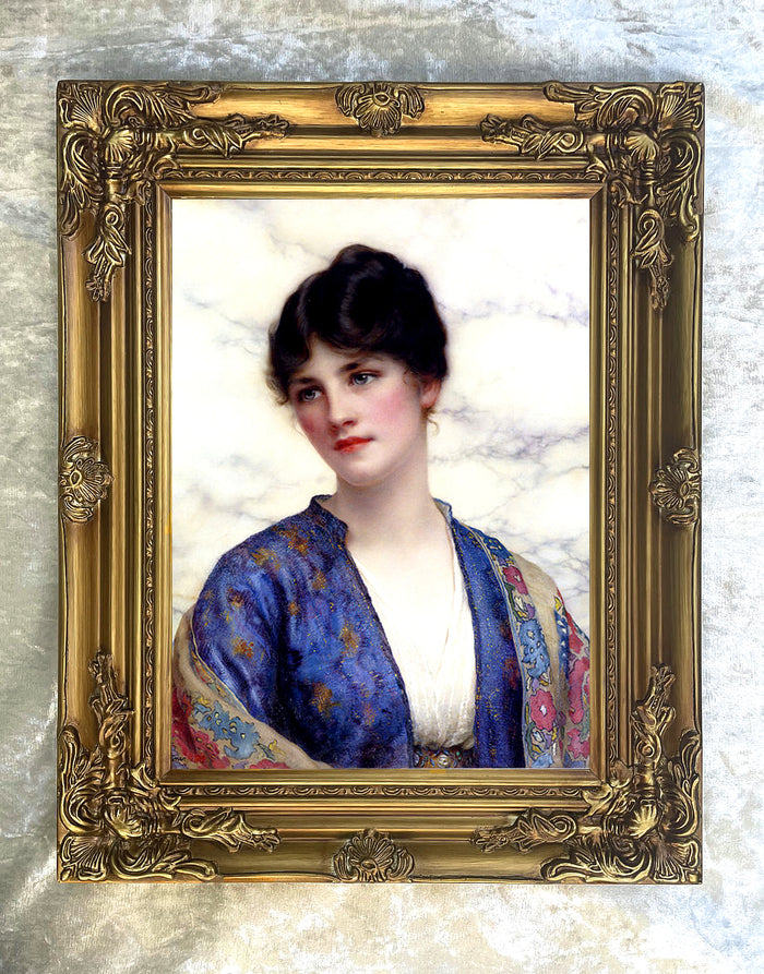 Large Gilt Framed Oleograph Portrait of a Woman in Blue