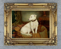 Gilt Framed Oleograph - Portrait of a Terrier in its Basket