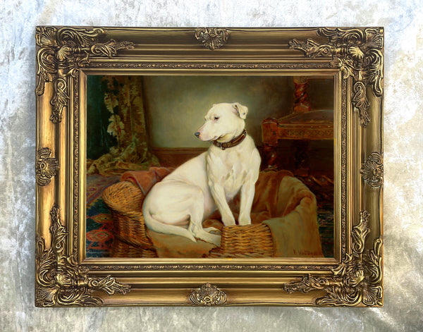 Gilt Framed Oleograph - Portrait of a Terrier in its Basket