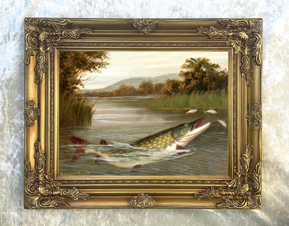 Fine Angling Oleograph on Canvas - "Pike Feeding"