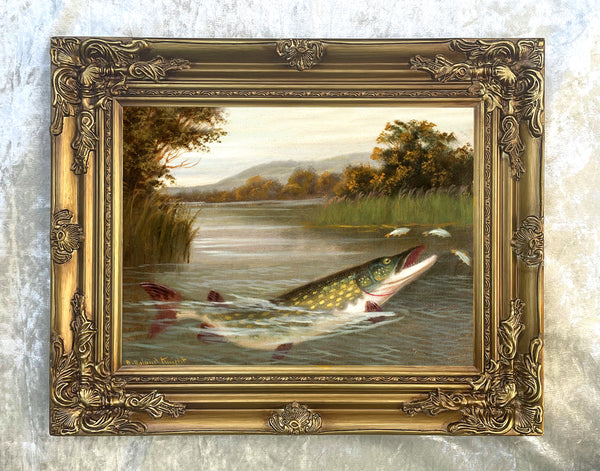 Fine Angling Oleograph on Canvas - "Pike Feeding"