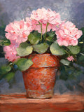 Exquisite Oleograph on Canvas Still Life of Pink Geraniums in a Pot