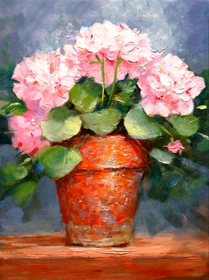 Exquisite Oleograph on Canvas Still Life of Pink Geraniums in a Pot