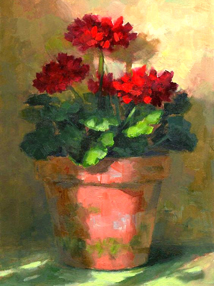Exquisite Oleograph on Canvas Still Life of Geraniums in a Pot