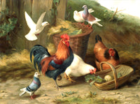 Fine Oleograph on Canvas in an Ornate Rococo Frame, "Chickens Doves & Pigeons in a Yard"