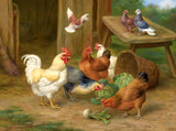 Fine Oleograph on Canvas - Chickens & Pigeons in a Rural Yard