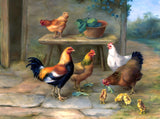 Fine Oleograph on Canvas of Chickens & Chicks in a Barnyard
