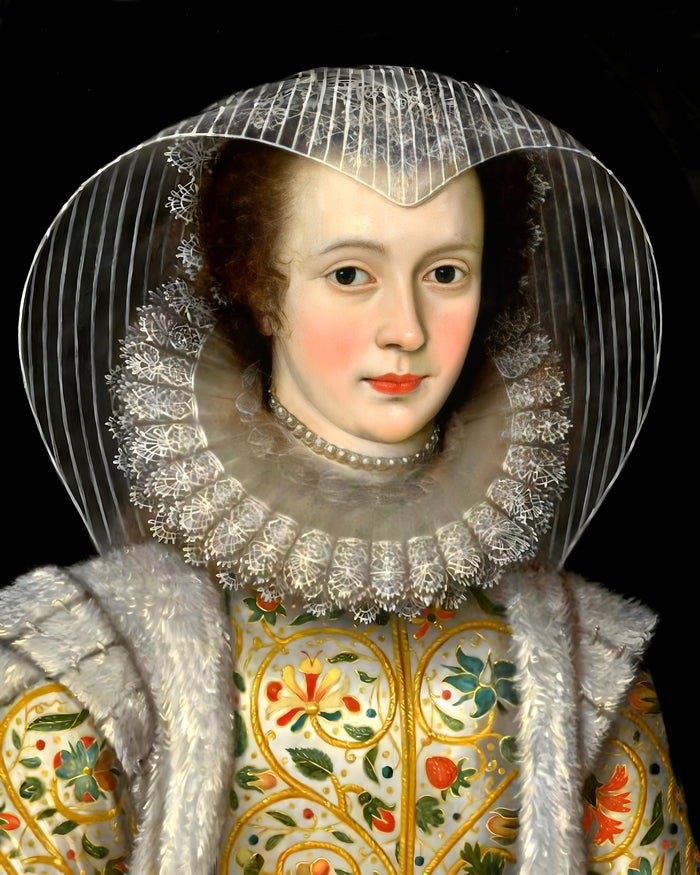 Fine Portrait of an Elizabethan Lady- Oleograph on Canvas in a Ebonised Wood Frame