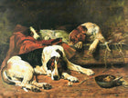 Beautiful Oleograph on Canvas - Foxhounds at Rest in a Stable