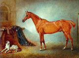 Fine Oleograph on Canvas - Chestnut Hunter in a Stall  with a Dog aft. Ferneley