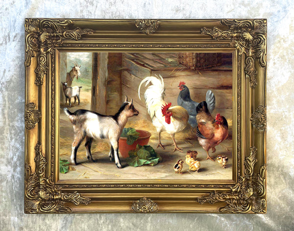 Gilt Framed Oleograph of Goats & Chickens