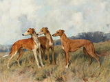 Framed Oleograph of 3 Greyhounds in a Moorland Landscape