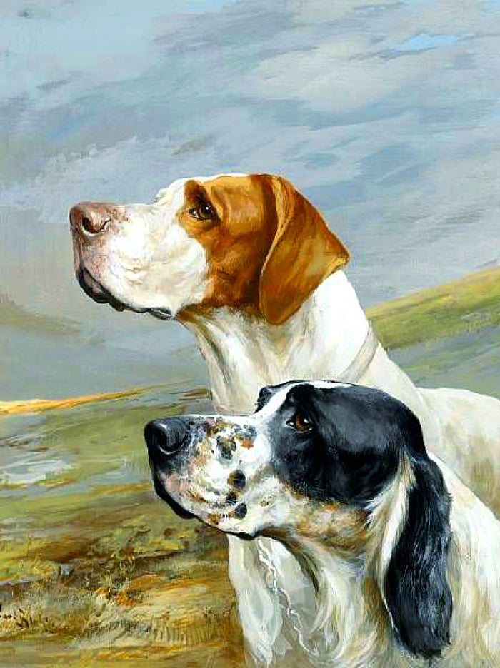 Fine Oleograph on Canvas -Portrait of a Setter & Pointer in a Landscape