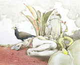 Exquisite Early C20th Surrealist Watercolour - Sleeping Lady & Peacock