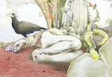 Exquisite Early C20th Surrealist Watercolour - Sleeping Lady & Peacock