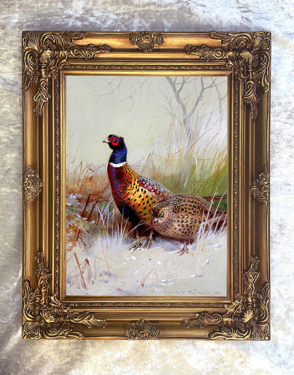 Fine Oleograph on Stretched Canvas - "Pheasants in Snow "after the original by Archibald Thorburn