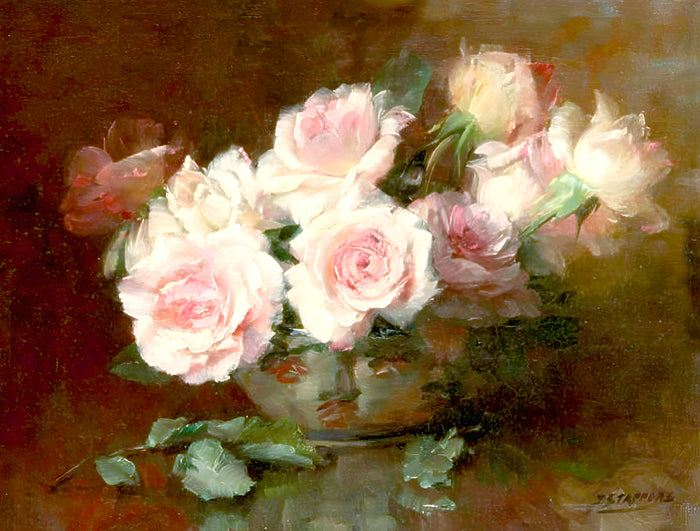 Beautiful Still Life Oleograph on Canvas Still Life of White & Pink Roses in a Bowl