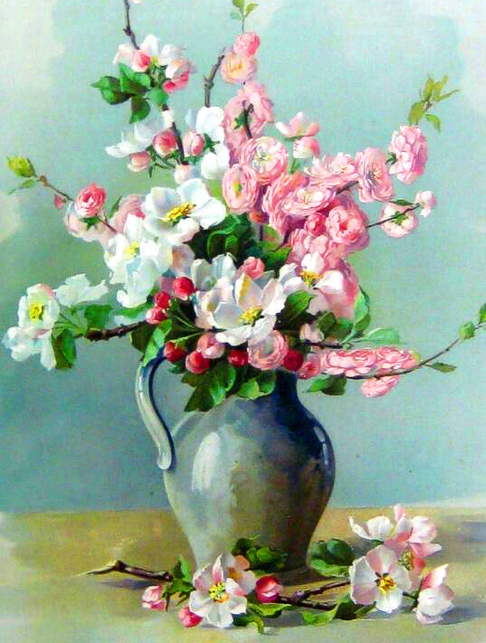 Fine Oleograph on Canvas Still Life of Flowers in a Jug