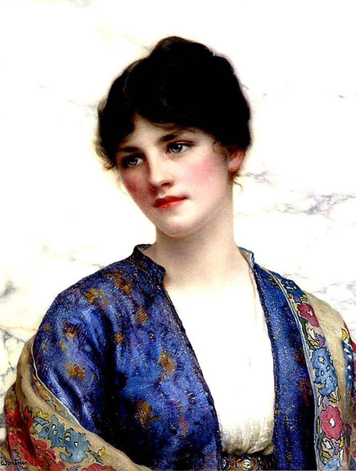 Large Gilt Framed Oleograph Portrait of a Woman in Blue