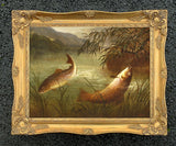 Fine Angling Oleograph on Canvas - Pair of Brown Trout