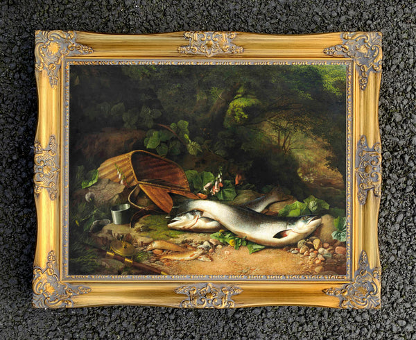 Gilt Framed Oleograph of Salmon & Trout on a River Bank