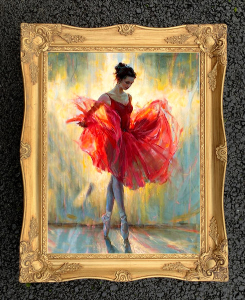 Gilt Framed Oleograph Portrait of a Ballet Dancer in Red