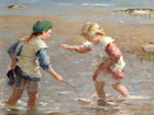 Beautiful Ornate Framed Oleograph of  Children playing in the Shallows