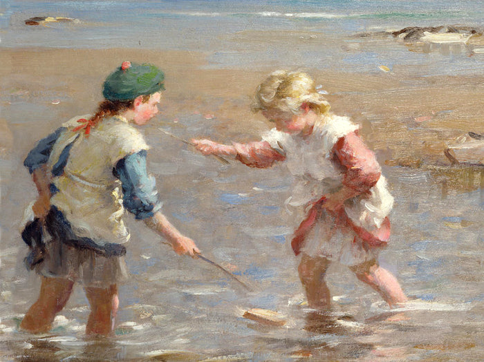 Beautiful Ornate Framed Oleograph of  Children playing in the Shallows