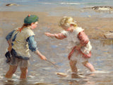 Beautiful Ornate Framed Oleograph of  Children playing in the Shallows