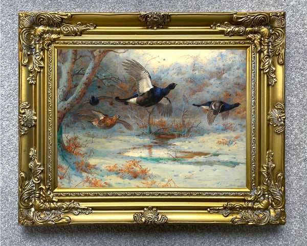 Fine Large Oleograph on Canvas of Black Game in Flight