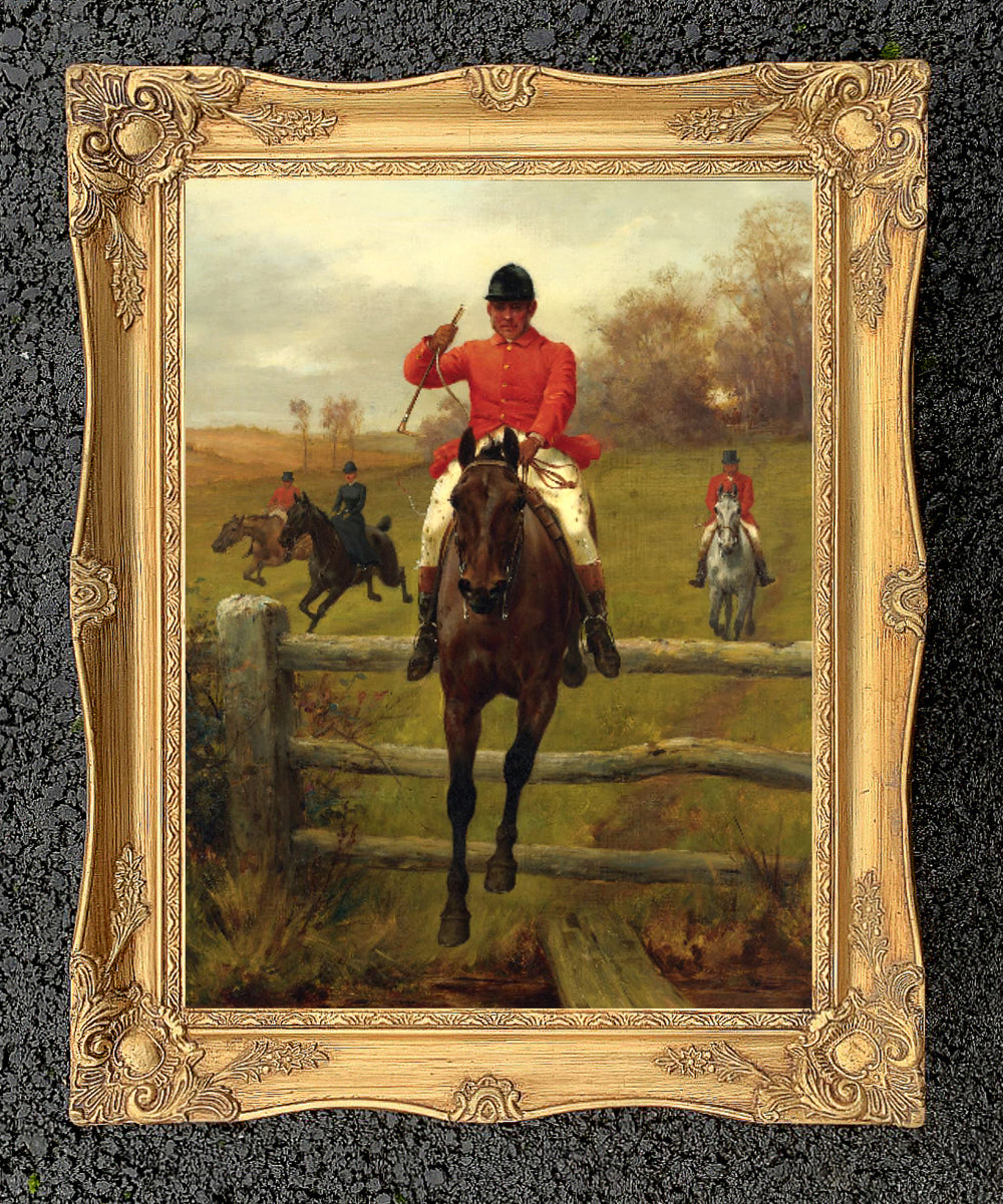 Oleograph on Canvas of a Huntsman "Over the Fence"