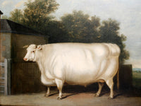 Oleograph on Canvas of a Prize Bull in a Farmyard in a Gilt Gesso Frame