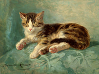 Oleograph on Canvas of a Tabby Cat on a Cushion in a Gilt Gesso Frame