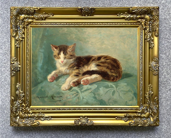 Oleograph on Canvas of a Tabby Cat on a Cushion in a Gilt Gesso Frame