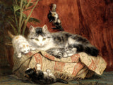 Fine Oleograph on Canvas of a Cat & Kittens on a Cushion