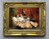 Fine Oleograph on Canvas of a Cat & Kittens on a Cushion