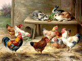 Fine Oleograph on Canvas - Chickens & Rabbits in a Yard