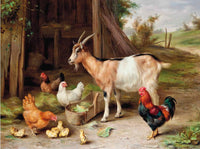 Fine Oleograph on Canvas - Chickens & a Goat in a Yard