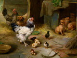 Oleograph on Canvas of Chickens & Puppies in a Stable