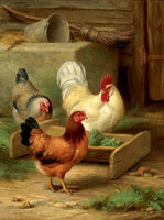 Fine Oleograph on Canvas of Chickens & Hens in a Stable Yard